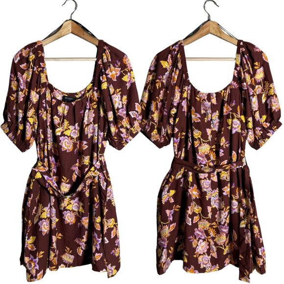 MINKPINK Giselle Belted Floral Mini Dress Women's Large Brown Puff Sleeve NWT - Picture 3 of 16